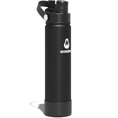 [avodvo] avodvo 24oz Insulated Water Bottle with 2-in-1 Straw and Spout Lid, Keeps Cold 24H, Leak-Proof, BPA-Free, Slim Water Bottle Fits in Car Cup Holder, for Gym, Travel, School and Daily Use, Black