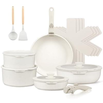 [KOCH SYSTEME CS] KOCH SYSTEME CS 17 PCS Pots and Pans Set, Nonstick Cookware Set Detachable Handle, Induction Kitchen Cookware Sets Non Stick with Removable Handle, RV cookware set, White
