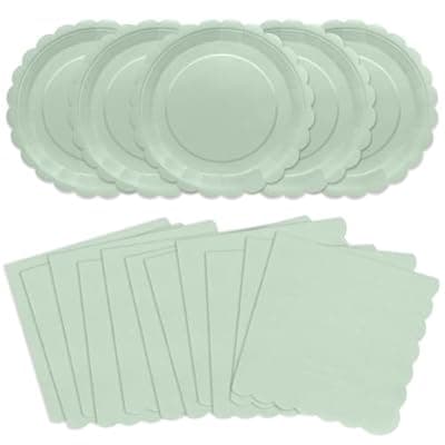[VEIZEDD] VEIZEDD 100Pcs Sage Green Plates and Napkins - Disposable Sage Green Scalloped Paper Plates & Napkins Serves 50,Green Party Supplies for Baby Shower Wedding Bridal Shower Birthday