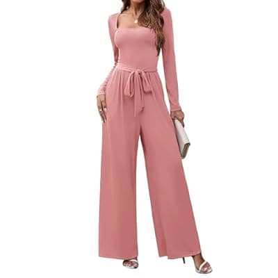 [LOOKBOHO] LOOKBOHO Jumpsuits For Women Dressy Long Sleeve Square Neck Casual Belted Wide Leg Long Pants Romper One Piece Outfits