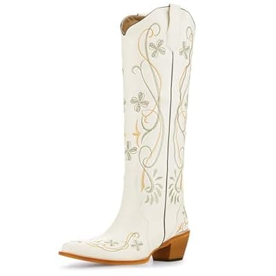 [heelchic] heelchic Cowboy Boots for Women Western Cowgirl Boots Retro Embroidered Pointed Toe Chunky Heel Pull On Knee High Boots for Country Concert Festival