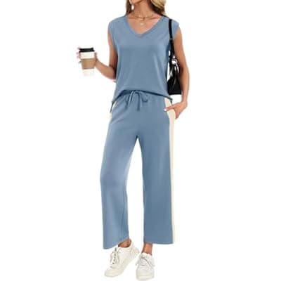 [YOKGO] YOKGO Two Piece Sets for Women Summer Outfits V Neck Lounge Sets Business Casual Vacation Travel Matching Set