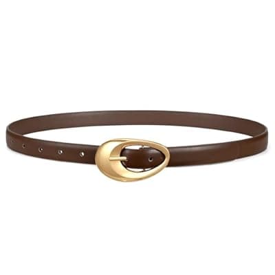[C O E CESCOSI] C O E CESCOSI Women Faux Leather Belt for Jeans Pants Fashion Ladies Thin Waist Belt with Gold Oval Buckle