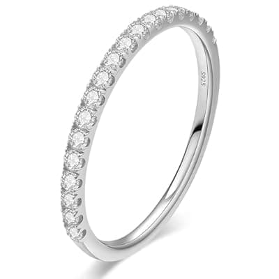 [WES] WES Lab Grown Diamond Wedding Bands - 925 Sterling Silver Hypoallergenic Half Eternity 1.5mm Total 0.3ct Round Stackable Lab Grown Diamond Engagement Rings for Women, Size 4-11