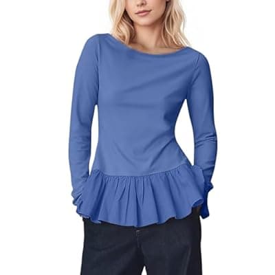 [Ceputer] Ceputer Womens Long Sleeve Peplum Tops Cute Ruffle Flowy Babydoll Shirts Fall Casual Pleated Crew Neck Tunic Tees