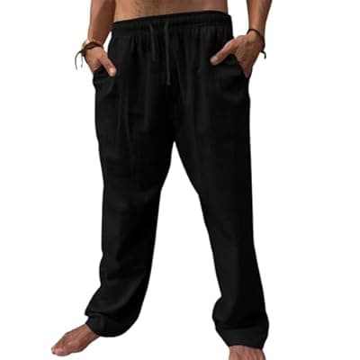 [BAYAMO] Mens Lounge Linen Pants Baggy Yoga Slacks Lightweight Drawstring Sweatpants Travel Work Elastic Waist Trousers(Black,3XL)