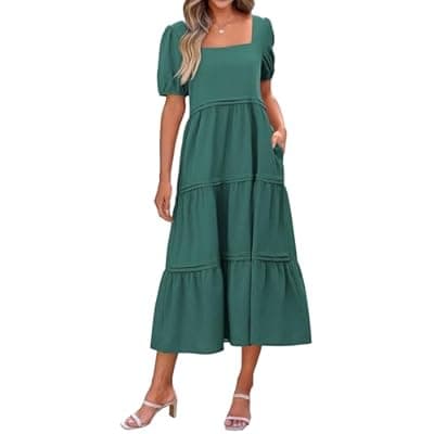 KIRUNDO Women Summer Dresses 2025 Spring Fashion Boho Puff Sleeve Square Neck Pocketed Loose Fit Tiered Flowy Maxi Dress