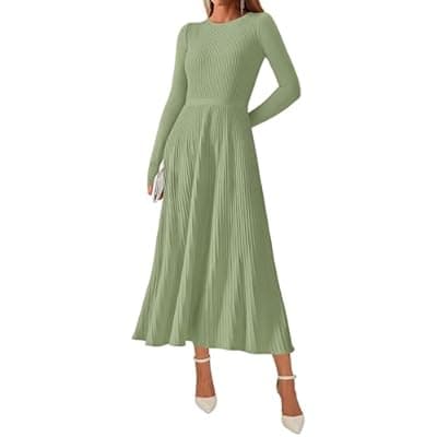 [KIRUNDO] KIRUNDO Women Sweater Dress Holiday Ribbed Knit Long Sleeve Slimming Maxi Dress Fall Pleated Elegant A Line Winter Dresses