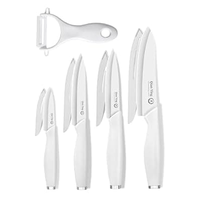[Qianying] Pure Strengthening Ceramic Knife Set for Kitchen with Sheath 9Pcs: 100% Zirconia Ceramic Sharp Blade Fruit Cutting Knives with Cover Rustproof Clean Cut Edge White Handle