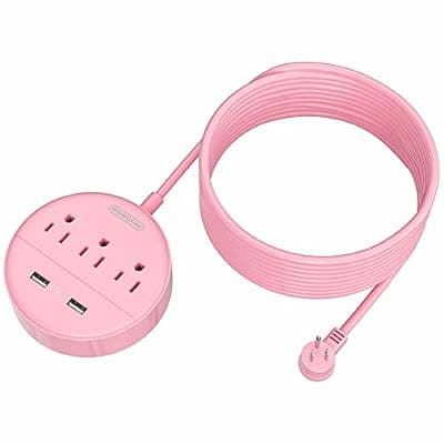 [NTONPOWER] Pink Extension Cord 15ft, NTONPOWER Flat Plug Power Strip with Long Extension Cord, 3 Outlet 2 USB Desktop Charging Station Wall Mount for Home, Dorm Room, Office and Nightstand, ETL Listed