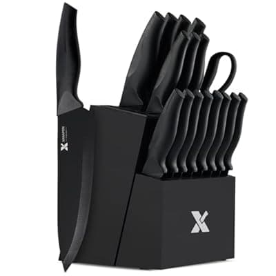 [XANAPON] Knife Set, 19 Pieces Black Kitchen Knives Set with Block, Recycled Materials Certification, German Stainless Steel, Built-in Sharpener