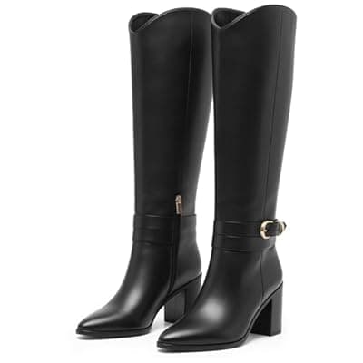 [WIRALOMI] WIRALOMI Knee High Boots for Women Pointed Toe Chunky Heel Boots Metal Buckle Boots with Side Zipper