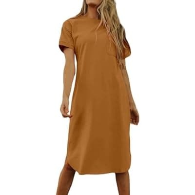[Dyexces] Dyexces Summer Dress for Women Crew Neck Short Sleeve Solid Basic T-Shirts Casual Midi Dresses with Pocket