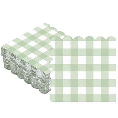 [Seajan] Seajan 100 Pcs Sage Green Gingham Cocktail Napkins Disposable 5x5 Inch Scalloped Edge Plaid Paper Napkins Checkered for Wedding Birthday Party Dinner Holiday Decorations