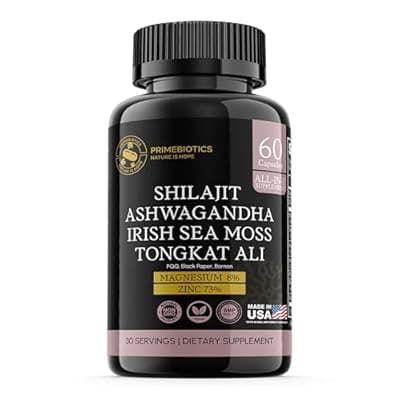 [PrimeBiotics] PRIMEBIOTICS All-in-1 Shilajit Supplement with Ashwagandha, Irish Sea Moss, Tongkat Ali, Black Pepper Extract, Boron, Magnesium and Zinc for Men & Women (60 Capsules)