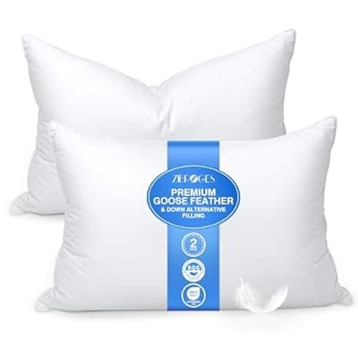 [zibroges] zibroges Feather Pillows Queen Size Set of 2 - Goose Down Hotel Bed Pillow for Sleeping, Soft 600 Thread Count Cotton Cover, Fluffy Support Surround Fill Polyester for Side, Back and Stomach Sleepers