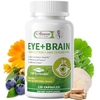 [Alliwise] Eye + Brain Supplements for Memory and Focus, Lutein 40mg, Zeaxanthin, Astaxanthin, Bilberry, Lion’s Mane, Bacopa Monnieri, Ginkgo Biloba, 14 in 1 Eye Vitamins for Adults & Seniors 120 Capsules