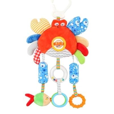 [littlove] Baby Car Seat Toys with Clip - Travel Sensory Toys for 6 7 8 9 10 11 12 Months, Infant Roadtrip Soft Montessori Hanging Plush Toys Wind Chime, Teether, Rattle, Squeaky for Newborn Boy Girl Gifts