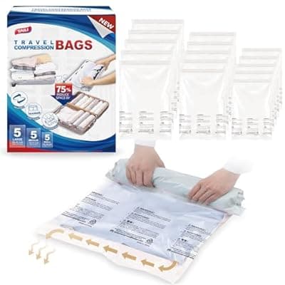 [TAILI] TAILI 15 Travel Compression Bags, Roll Up Space Saver Bags (5 Small+5 Medium+5 Large), Hand Roll Packing Storage Bags for Luggage, Suitcase and Cruises, No Pump or Vacuum Needed, Cream