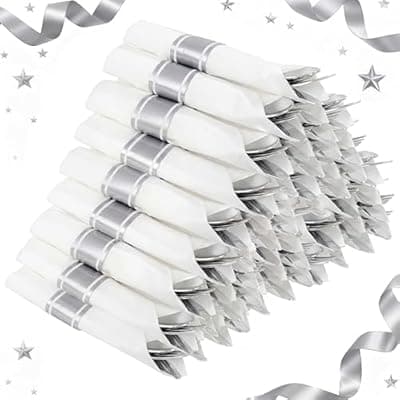 [supernal] Supernal 240 Silver Plastic Silverware Set - 60 Sets Pre Rolled Napkins with Cutlery - Mirror Polished Real Look Disposable Silver Utensils- Elegant Heavy Duty Flatware for Weddings & Catering