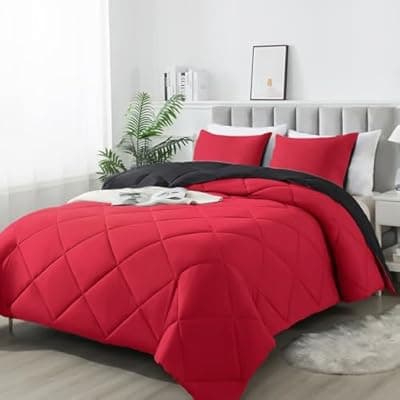 [SUVAMJAM] SUVAMJAM 3-Piece King Comforter Set,All-Season,Soft & Hypoallergenic &Breathable Bedding,Polyester Quilted,Down Alternative(Comforter*1 & Pillowcases*2),Black/Bright Red