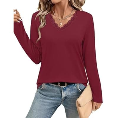 [JUSTFASHIONNOW] JUSTFASHIONNOW Long Sleeve Shirts for Women Lace V Neck Tunic Tops Dressy Business Casual Blouses Trendy Cute Winter Clothes