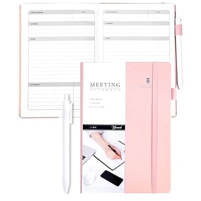 [Yoment] Yoment Meeting Notebook for Work with Action Items Hardcover Leather 5.5x 8.5 Office Project Planner for Women Men Meeting Notes Notebooks for Work, Pink