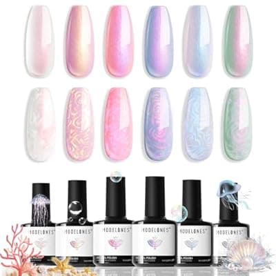 [modelones] modelones Pearl Gel Nail Polish Set, 6 Colors 2026 Spring Aurora Iridescent Shimmer White Pink Purple Mermaid Nail Drawing Glitter Gel Polish LED Swirl Shell Thread Effect with Dotting Pen DIY Gift