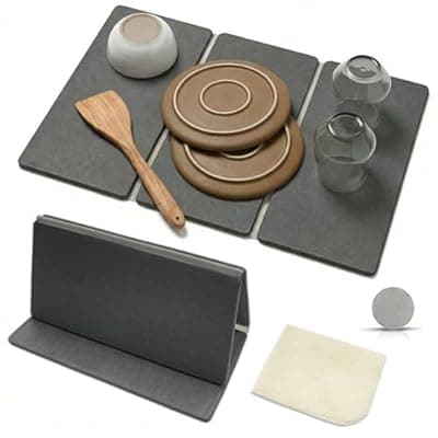 [Sisher] Sisher Large Stone Dish Drying Mat For Kitchen Counter,Quick Dry Diatomaceous Earth Drying,Water Absorbing,Easy To Store,Foldable For Dish Racks, Bottles, Cups, And Cutlery.(24" × 16" Dark Gray)