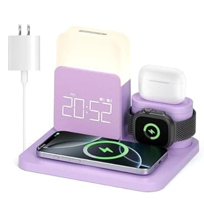 [COLSUR] 7 in 1 Charging Station for iPhone, Wireless Charging Station, Alarm Clock, Night Light, Wireless Charger for iPhone 17 16 15 14 13 12 Pro Max & Apple Watch - Charging Stand Dock for AirPods(Purple)