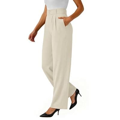 [keriffe] keriffe Womens Wide Leg Dress Pants Stretchy High Waisted Work Trousers | Loose Fit, Business Casual Pants, Pull on Teacher Outfits, Office Slacks, 2 Side Pockets