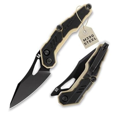 [Hightron] Hightron SPECTRON M390 Fidget Pocket Knife, military survival folding front flipper, 3.05" Blade with Black&Khaki Nylon Fiber Handle, EDC gift