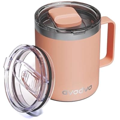 [avodvo] avodvo 12oz Insulated Coffee Mug with Lid – Includes Two Lids, Stainless Steel Coffee Travel Mug with Handle, Double Wall Vacuum Insulated Camping Mug for Home, Office & Outdoor, Orange