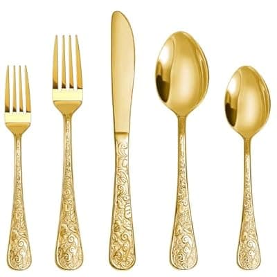 [Runfly] Runfly Vintage Carved Gold Stainless Steel 20 Pieces Flatware Set, Golden Silverware Set, Modern Embossed Cutlery Set Utensils Including Fork Spoon and Knife