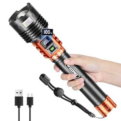 [WdtPro] Wdtpro Rechargeable LED Flashlights High Lumens, Super Bright 90,000LM Rechargeable Flashlight with LCD Display, 5 Modes & Waterproof Powerful 10000mAh Handheld Flashlight for Camping Emergency Orange