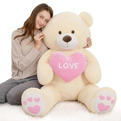 [Karister] Karister Giant Valentines Teddy Bear Stuffed Aniaml, 52" Large Soft Teddy Bear Plush with Red Heart, 4.3 Feet Love Bear Plushie as for Girlfriend Wife Kids, Baby Shower Decor, Cream