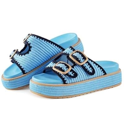 [KaroNairy] KaroNairy Platform Sandals for Women Raffia Espadrille Wedges Summer Beach Sandals Woven Straw Crochet Sandal Adjustable Double Buckle Strap Rattan Flats