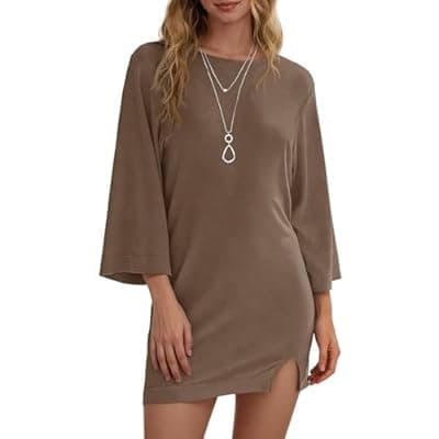 [Wenrine] Wenrine Womens Summer T Shirt Dress Casual 3/4 Sleeve Crewneck Slit Loose Shift Mini Dresses