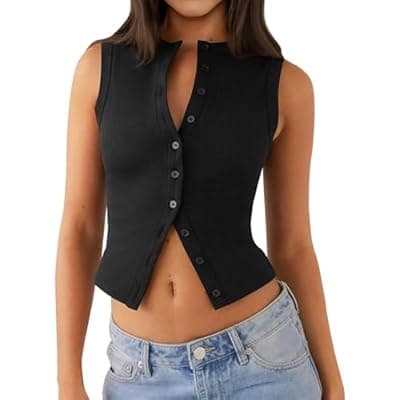 [Relety] Relety Womens Crop Tank Tops Going Out Button Down Vest Seamless Ribbed Trendy Shirts Cute Sleeveless Summer Spring Y2K Cami