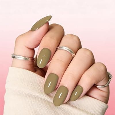 [Shoindary] Khaki Press On Nails,Medium Soft Gel Oval Fake Nail Kit With Nail Glue,30-Piece-15 Sizes Durable Reusable Press On Nails for Women Gift(light khaki)