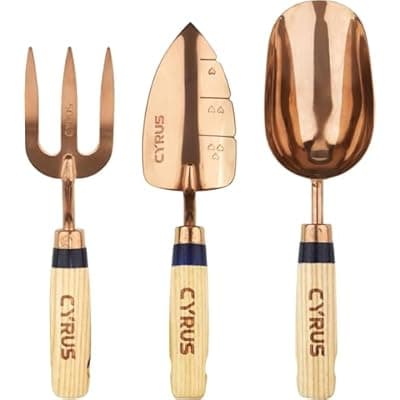 CYRUS Garden Shovel Tool Set,3 Piece Gardening Shovel Stainless Steel,Includes Hand Trowels, Transplanting Shovel and Hand Rake with Ash Wood Handle,Hand Shovel for Planting,Rose Gold