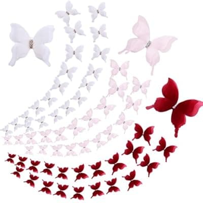[HLDEJAAJ] Organze Handmade 3D Butterfly Decorations, Multi-Use Back Buckle Ornaments for Curtains/Tablecloth/Clothing/Hair, Suitable for Bedroom/Living Room/Girl's Room/Wedding (60, Off-White+Pink+red)