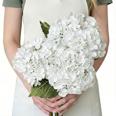 [Generic] 3 Pcs White Hydrangea Artificial Flowers, 21" Real Touch Fake Flowers with Long Stems, Faux Hydrangeas for Wedding Bouquets, Bridal Shower, Table Centerpieces