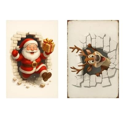 [Carastora] 2-piece vintage Santa Claus and reindeer holiday decorative tin plaque set measures 12 x 8 inches. Suitable for indoor and outdoor use, winter decoration, and gifting. Perfect for display in your home