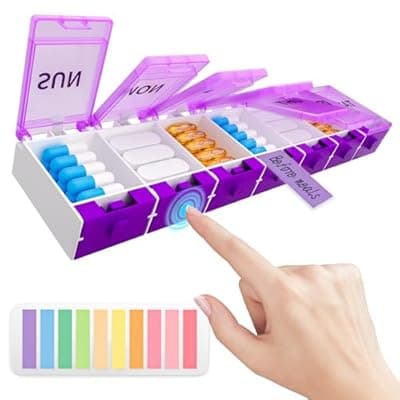 [Fancybird] Push Button Weekly Pill Organizer, Medicine Pill Organizer with Label, Pill Box Case 7 Day BPA-Free, Pill Container for Vitamins, Fish Oil, Supplements Medication (Purple)