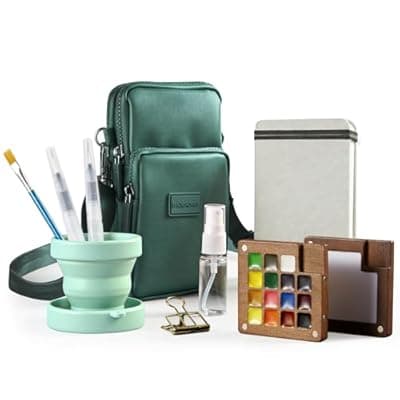 [Osctor] Mini Watercolor Paint Set, All-in-One 15-Color Walnut Wood Travel Kit with Crossbody Bag, Watercolor Journal, Metal Clip, Water Cup, Water Brush, Portable Pocket Art Set for Adult Art Lovers (Green)