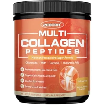 ZEBORA Multi-Collagen-Peptides-Powder with MSM & CS, Type I II III V X Hydrolyzed Collagen Peptides with Hyaluronic Acid & Vitamin C for Women and Men Hair, Skin, Nails & Joint, Non-GMO, 35 Servings