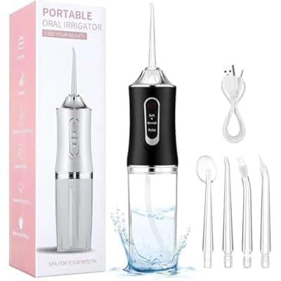 [LSLCQW] LSLCQW Water Dental Flosser Teeth Pick Portable Cordless Oral Irrigator Rechargeable Travel Irrigation Cleaner 3 Modes 4 Jets IPX7 Waterproof Electric (Black)