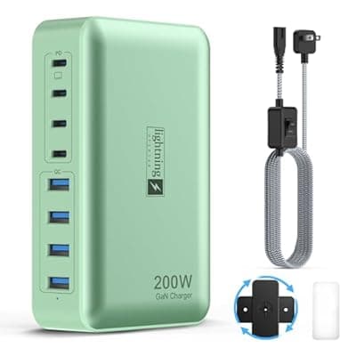 [lightning ofertas] 8-Port Multiple Charger Station 200W with Flat Plug, Braided Power Cord, and On/Off Switch- USB Charging Hub for iPhone, iPad, MacBook and More- 65W C Port Power Adapter for Laptops