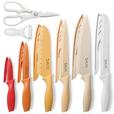 [Plys] Plys Knife Set for Kitchen with Covers 14-Piece: Colorful Ceramic Coating Stainless Steel Chef Knives set for Cooking, Cutting&Chopping, Sharp Blades, Rustproof, Dishwasher Safe